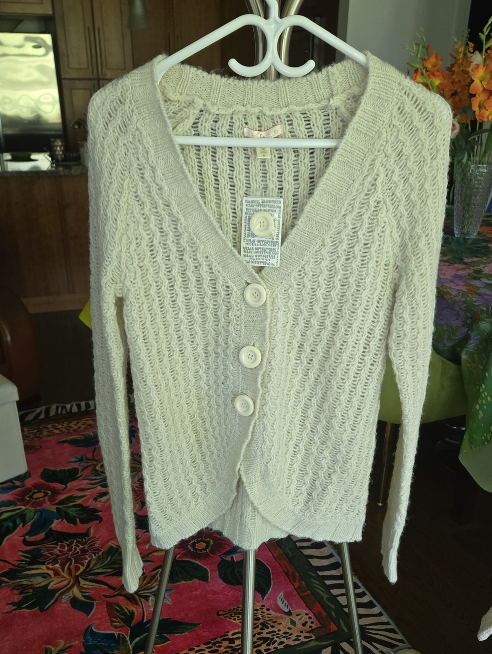 Urban Outfitters Cream Open-Knit V-Neck Button Cardigan
